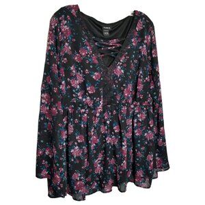 Torrid 1 Size 1X Blouse Chiffon Floral Lace Up Bell Sleeve Boho Fairy Chic